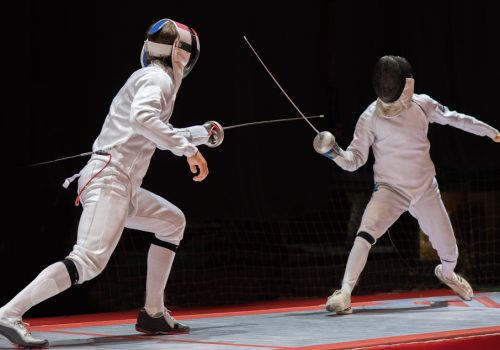 Two,Man,Fencing,Athletes,Fight,On,Professional,Sports,Arena